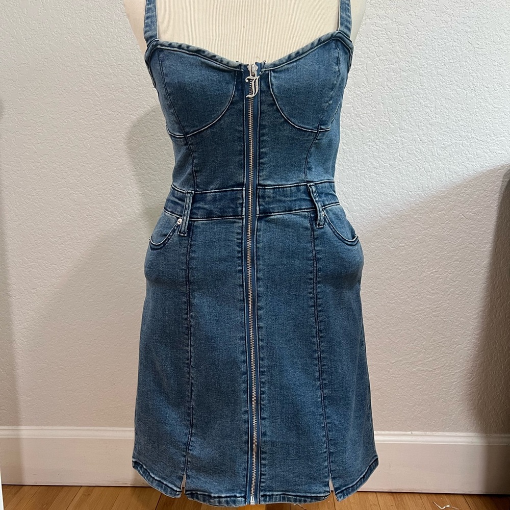 NWT Juicy Couture Denim Sweetheart Neckline mini Dress dark Wash size M NWT - Picture 2 of 13